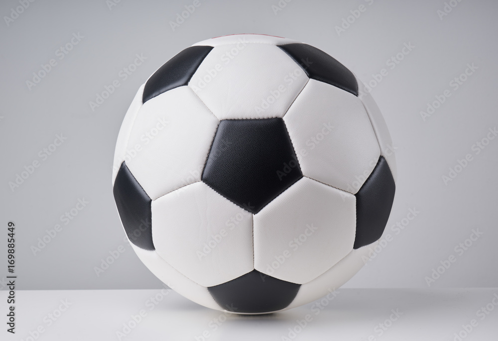 Soccer or football ball close up image on light grey background.