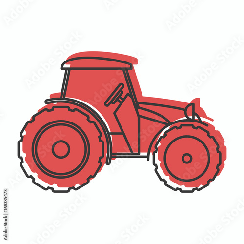 Red tractor icon in doodle style vector illustration for design and web isolated