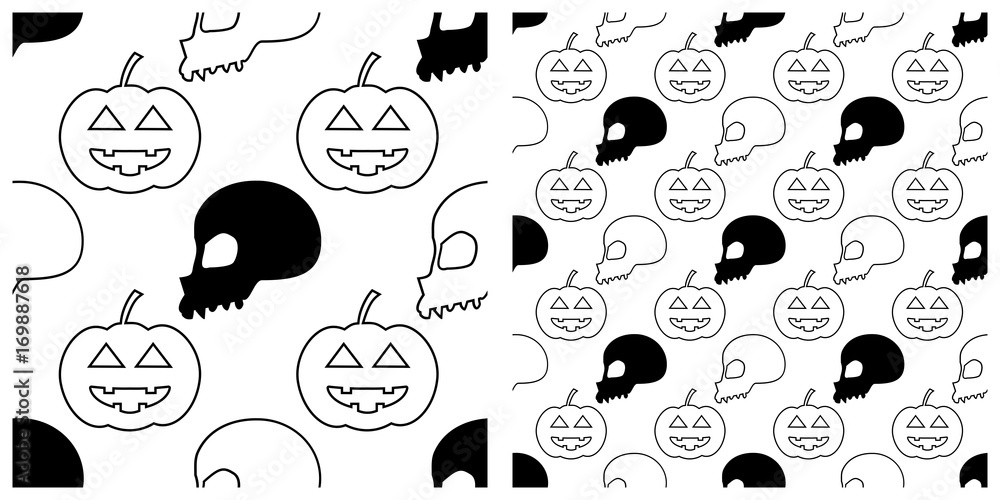 Fototapeta premium Seamless of Halloween pattern on transparent background. Single pattern is shown in the left. The example of assembly seamless is shown in the right. 