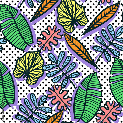 Seamless vector Colorful tropical pattern of exotic leaves on geometric dot background.