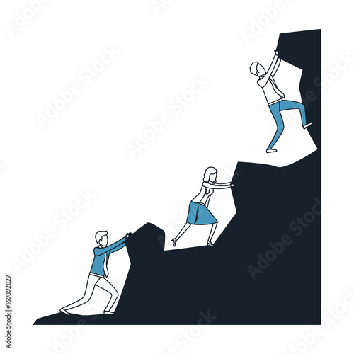 business people trying to climb to the top of rock mountain in color blue sections silhouette