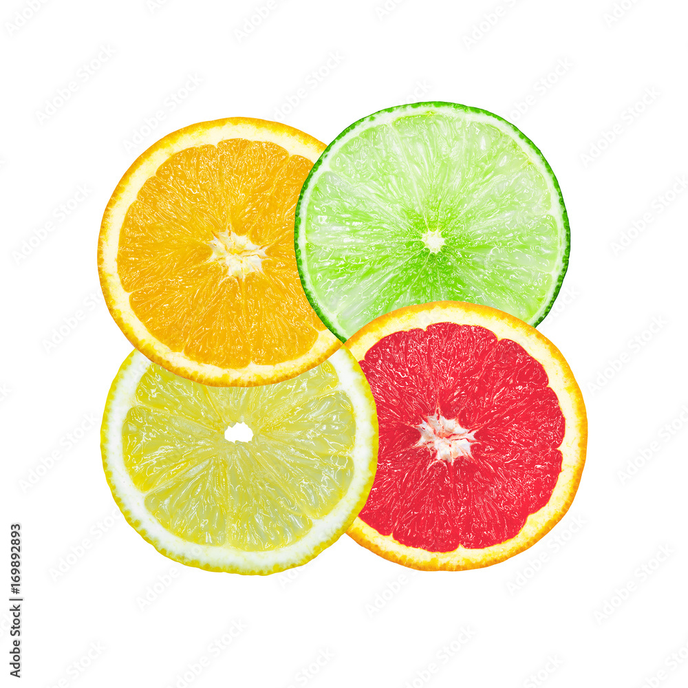 Slices of Orange Lime Lemon Grapefruit , different citrus fruits slices set isolated on white background