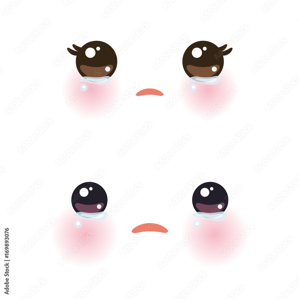 Kawaii funny muzzle with pink cheeks and big eyes Cute Cartoon Crying Face  on white background. Vector Stock Vector | Adobe Stock