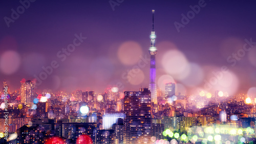 Photography Tokyo Sky Tree with Blur Bokeh Lights