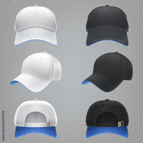 Vector realistic illustration of a white and black textile baseball cap with a blue visor, front, back and side view, isolated on white. Print, template, moc up, design element