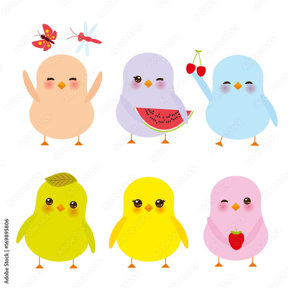 Kawaii colorful blue green orange pink yellow chick with pink cheeks and winking eyes, pastel colors on white background. Vector
