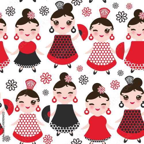 Seamless pattern spanish Woman flamenco dancer. Kawaii cute face with pink cheeks and winking eyes. Gipsy girl, red black white dress, polka dot fabric, Isolated on white background. Vector