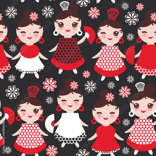 Seamless pattern spanish Woman flamenco dancer. Kawaii cute face with pink cheeks and winking eyes. Gipsy girl, red black white dress, polka dot fabric, on black background. Vector