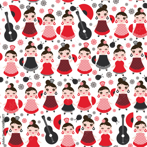 Seamless pattern spanish Woman flamenco dancer. Kawaii cute face with pink cheeks and winking eyes. Gipsy girl, red black white dress, polka dot fabric, Isolated on white background. Vector