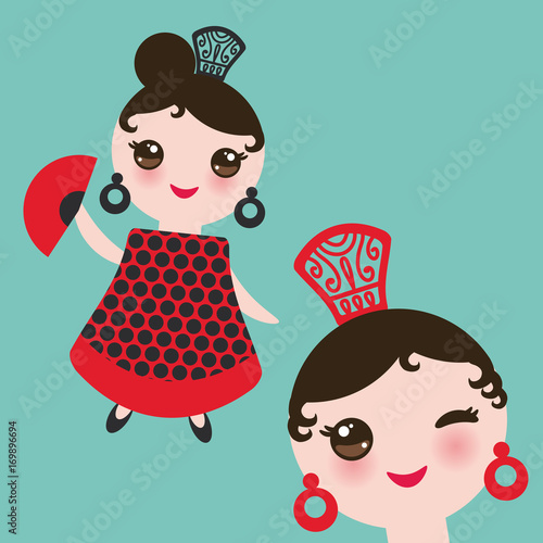 Spanish flamenco dancer card design, banner template. Woman Kawaii cute face with pink cheeks. Gipsy girl, red black dress, polka dot fabric, blue background banner template, card design. Vector