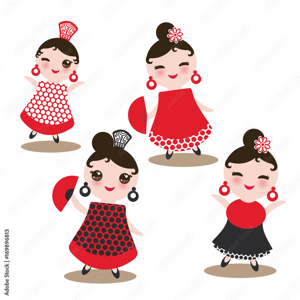spanish Woman flamenco dancer. Kawaii cute face with pink cheeks and  winking eyes. Gipsy girl, red black white dress, polka dot fabric, Isolated  on white background. Vector Stock Vector | Adobe Stock