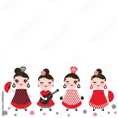 spanish Woman flamenco dancer. Kawaii cute face with pink cheeks and winking eyes. Gipsy girl, red black white dress, polka dot fabric, Isolated on white background. Vector