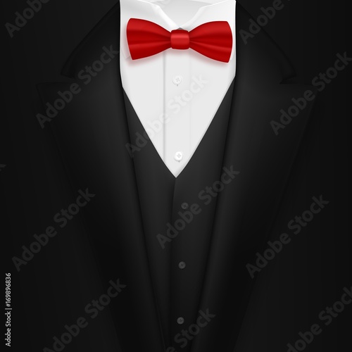 Illustration of Vector Black Suit with Bowtie. Realistic Mens Tuxedo Suit Succeed Businessman Concept