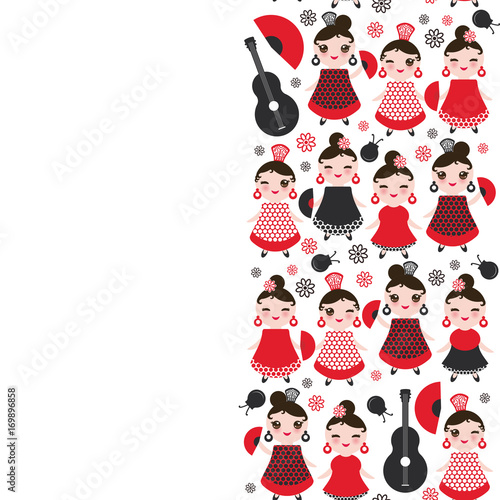 spanish Woman flamenco dancer. Kawaii cute face with pink cheeks and winking eyes. Gipsy girl, red black dress, polka dot fabric, on white background banner template, card design. Vector