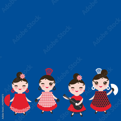 Spanish Woman flamenco dancer card design, banner template. Kawaii cute face with pink cheeks and winking eyes. Gipsy girl, red black white dress, polka dot fabric, on darck blue background. Vector
