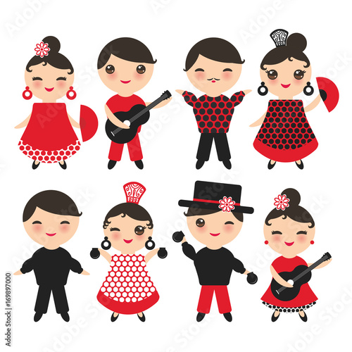 Spanish flamenco dancer. Kawaii cute face with pink cheeks and winking eyes. Gipsy girl and boy, red black white dress, polka dot fabric, Isolated on white background. Vector illustration