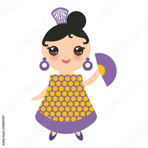 Spanish Woman flamenco dancer. Kawaii cute face with pink cheeks and winking eyes. Gipsy girl, fan, orange purple dress, polka dot fabric, Isolated on white background. Vector