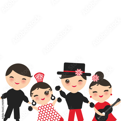 Spanish flamenco dancer card design, banner template. Kawaii cute face with pink cheeks winking eyes. Gipsy girl and boy, red black white dress, polka dot fabric, Isolated on white background. Vector