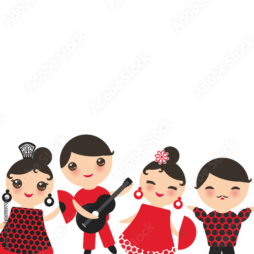 Spanish flamenco dancer card design, banner template. Kawaii cute face with pink cheeks winking eyes. Gipsy girl and boy, red black white dress, polka dot fabric, Isolated on white background. Vector