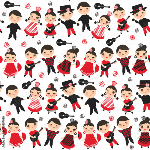 Seamless pattern Spanish flamenco dancer. Kawaii cute face pink cheeks winking eyes. Gipsy girl and boy, red black dress, polka dot fabric, on white background. Textile print, web page fill. Vector