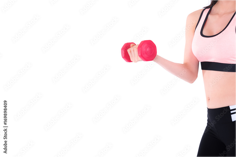 Fototapeta premium Closed up of Beautiful brunette Young thoughtful fit woman doing exercises with red dumbbells isolated on white ,with copy space.Healthy sport fitness concept