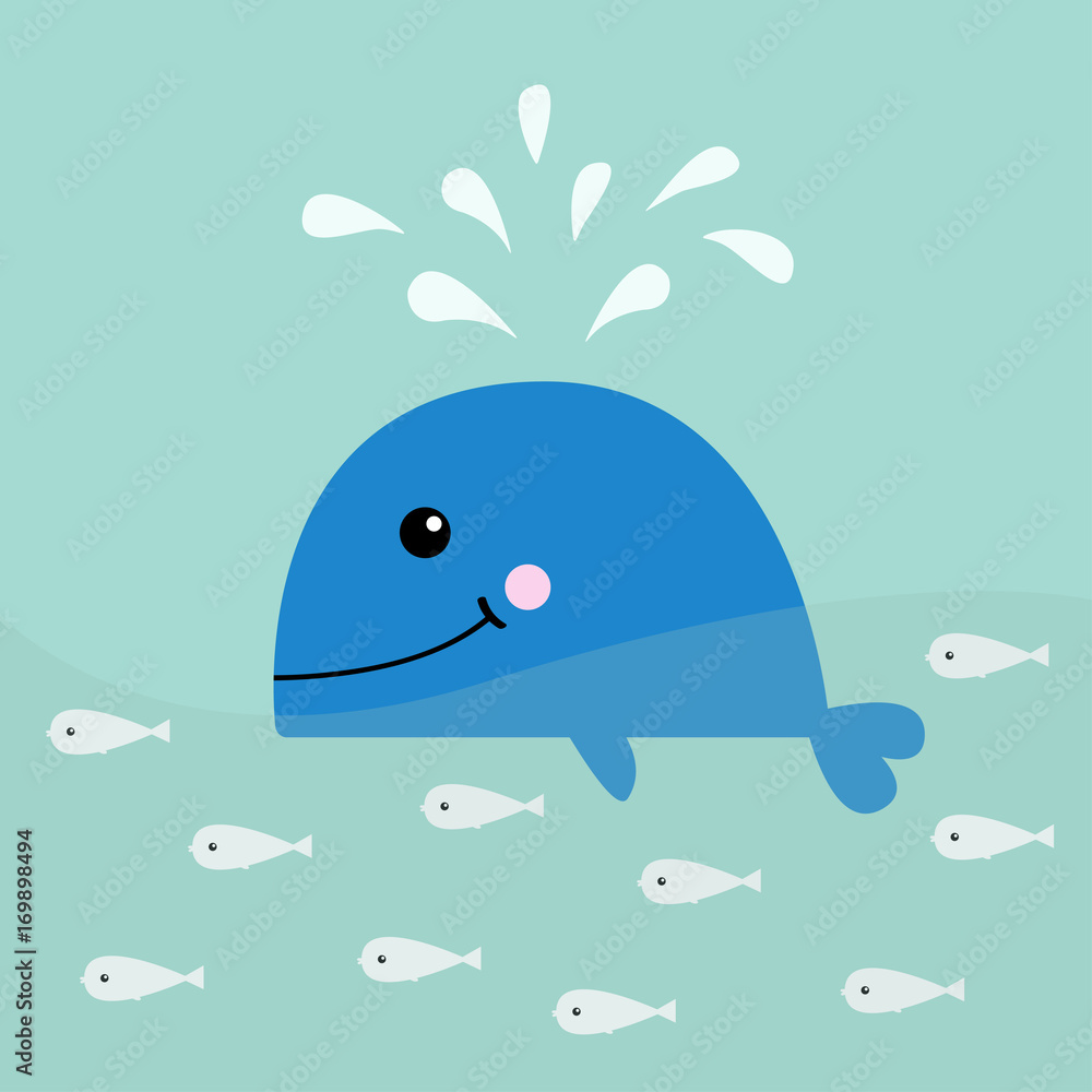 Blue whale with fountain. School of fish herring Sea ocean life. Cute cartoon character Eyes, tail, fin. Smiling face. Kids baby animal collection. Flat design Water background