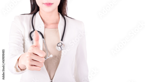 Closed up of Happy asian female doctor with thumbs up gesture.Professional woman doctor with stethoscope isolated on white, copyspace,selective focus on finger.Gesture,health care and medicine concept