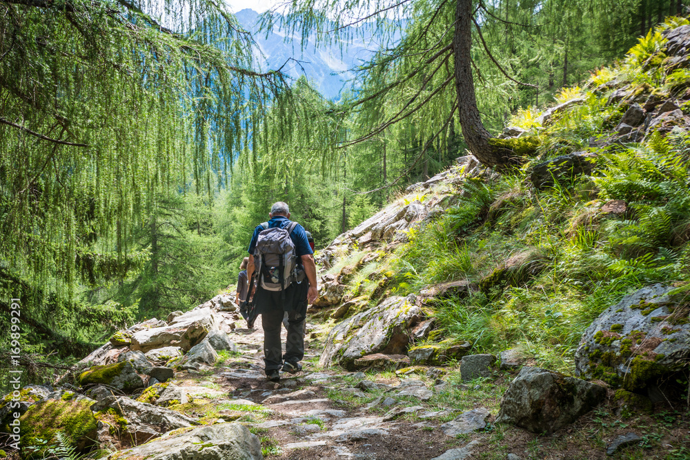 Hikers walk along a path a mountain trail Hikers walk along a path a mountain trail
