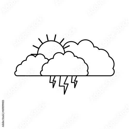 clouds with lightnings and sun in sketch silhouette on white background