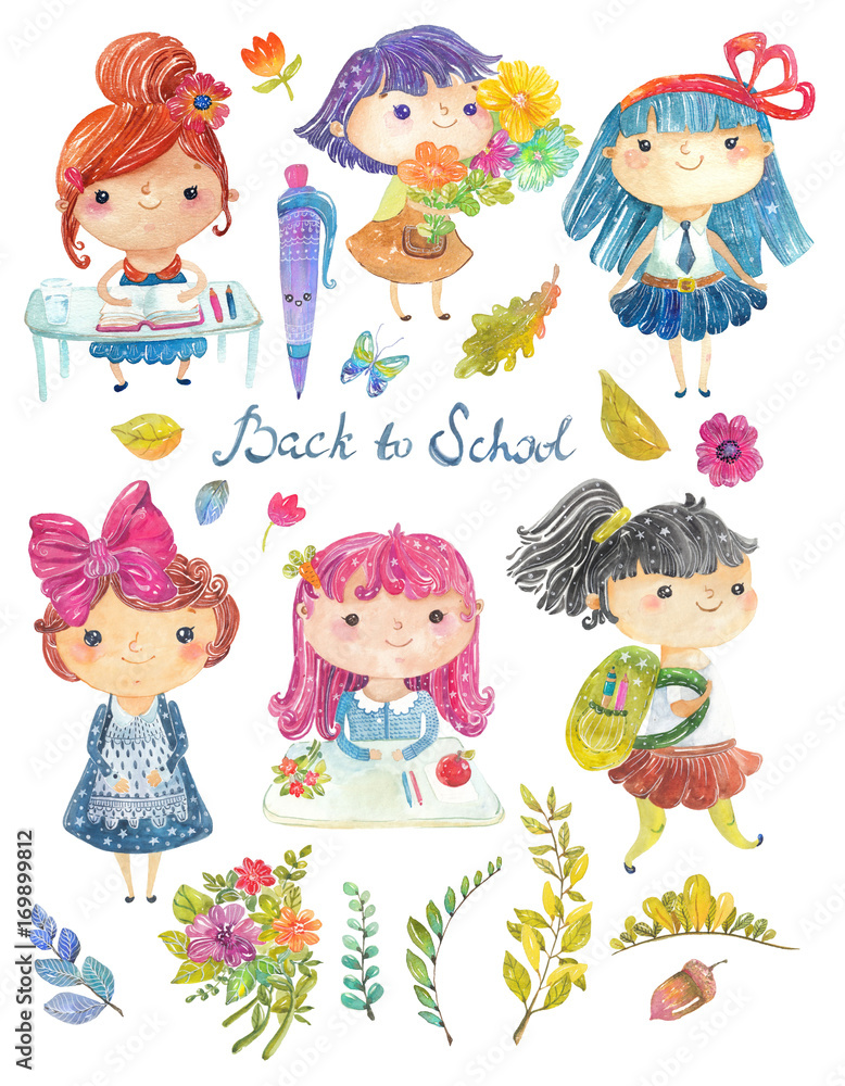 Welcome back to school, Cute watercolor school kids Welcome back to school, Cute watercolor school kids