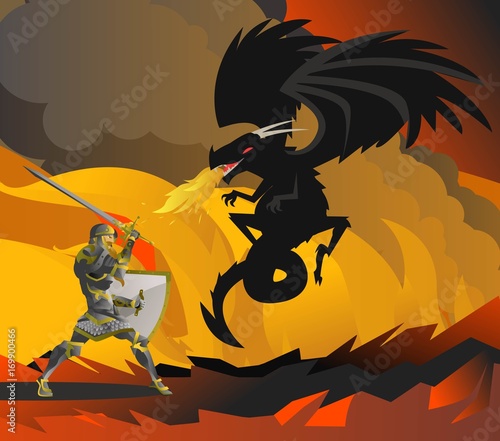 fantasy knight fighting a black dragon in the flames