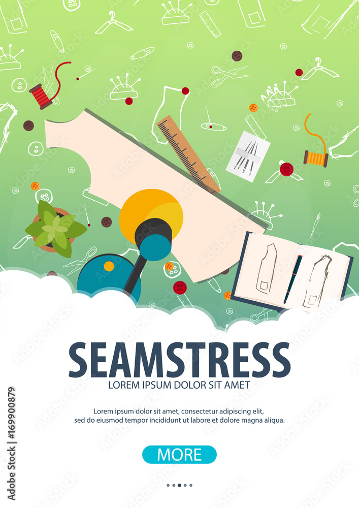 Fototapeta premium Tailor and seamstress banner. Sewing kit. Needlework, handmade. Dressmaking concept.