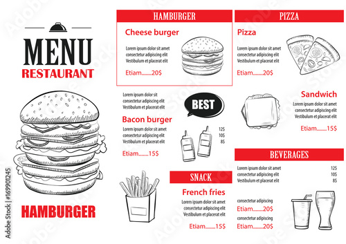 Fast food menu design template. Restaurant or cafe hamburger cover hand drawn background.