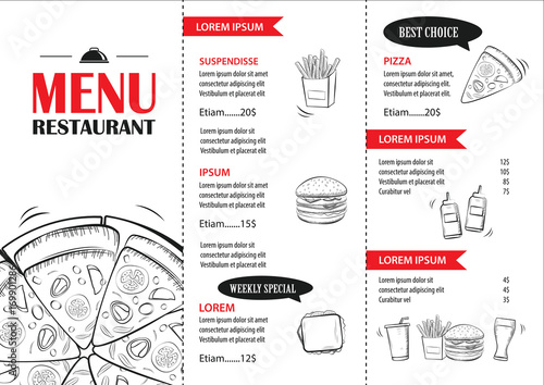 Fast food menu design template. Restaurant or cafe pizza cover hand drawn background.