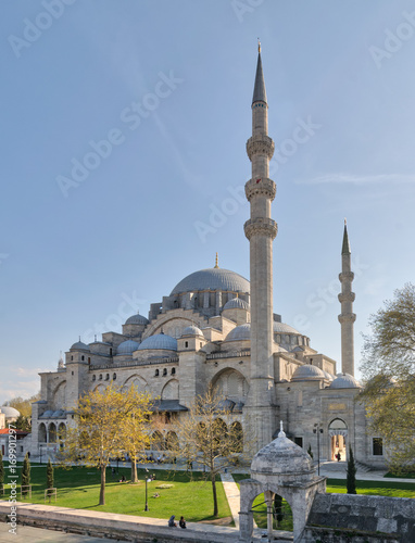 Exterior day shot of Suleymaniye Mosque, an Ottoman imperial mosque located on the Third Hill of Istanbul, Turkey, and the second largest mosque in the city. built in 1557