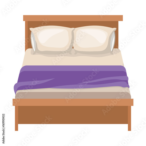 bed wooden with blanket and pair pillows in colorful silhouette on white background