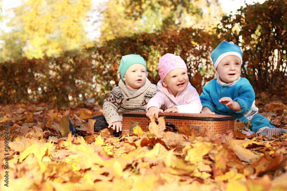 Three cheerful childre in nature sitting in open suitcase Three cheerful childre in nature sitting in open suitcase