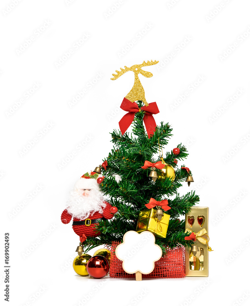 Christmas tree decorated with ribbon, card, fork and spoon in golden gift box, Santa Claus and ball on white background with copy space, just add your own text