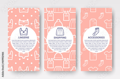 Shopping vertical banners with different clothes icons such as socks, t-shirts, underwear and shirt on pink background isolated vector illustration