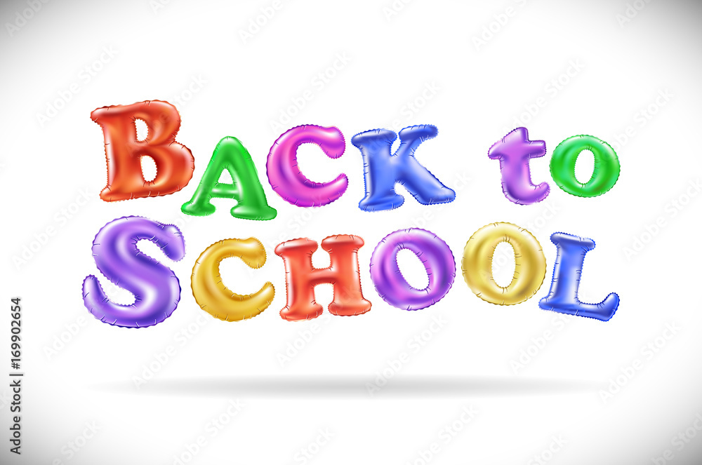 Back To School background. Balloon Lettering, colorful text. Rounded, semi-transparent, bubble letters in a blue sky with clouds. Vector illustration. Education concept. Flyer, poster template Back To School background. Balloon Lettering, colorful text. Rounded, semi-transparent, bubble letters in a blue sky with clouds. Vector illustration. Education concept. Flyer, poster template