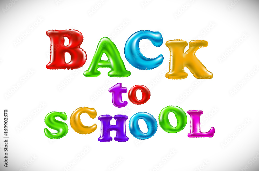Back To School background. Balloon Lettering, colorful text. Rounded, semi-transparent, bubble letters in a blue sky with clouds. Vector illustration. Education concept. Flyer, poster template art Back To School background. Balloon Lettering, colorful text. Rounded, semi-transparent, bubble letters in a blue sky with clouds. Vector illustration. Education concept. Flyer, poster template art