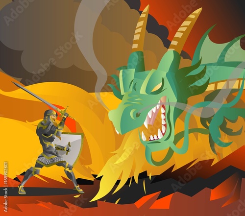 fantasy knight fighting a green fire breathing dragon photo