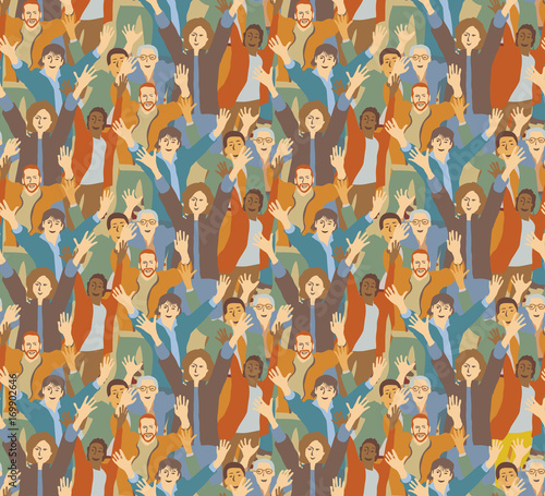 Big crowd happy people seamless pattern.