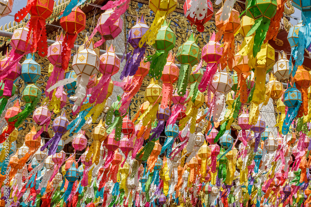 Colorful paper lantern decoration for traditional temple festival in north of Thailand