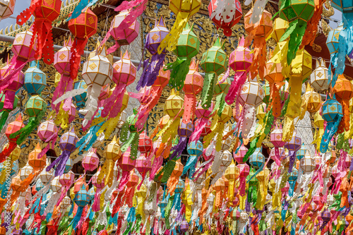 Colorful paper lantern decoration for traditional temple festival in north of Thailand © nayneung1