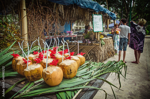 Obraz na plátně Exotic coctails made of fresh coconuts and the tourists, Seychelles