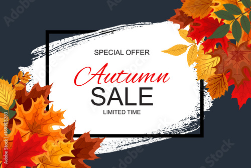 Abstract Vector Illustration Autumn Sale Background with Falling Autumn Leaves