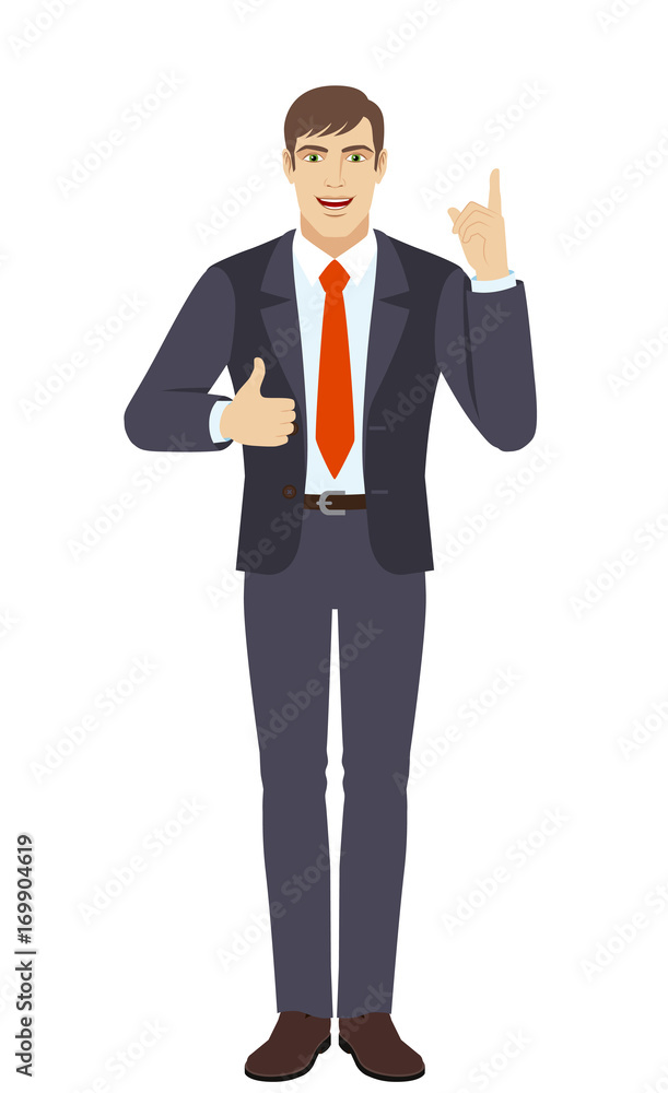  Businessman pointing up and showing thumb up
