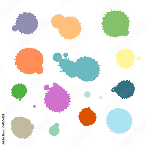 Vector set of colorful ink splash, blots and brush strokes, isolated on the white background. Series of vector splash, blots, brush strokes and elements for design.