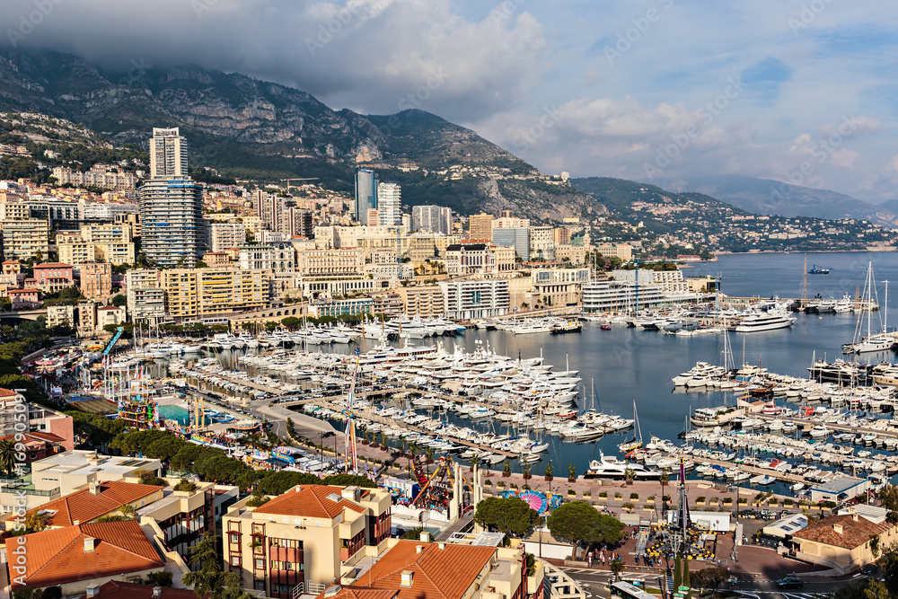 Panoramic view of the port in Monte Carlo, Monaco.